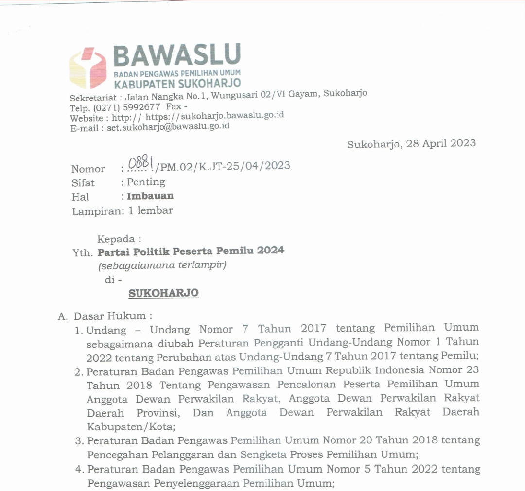 Bawaslu Sukoharjo Imbau Parpol Terkait Pencalonan DPRD