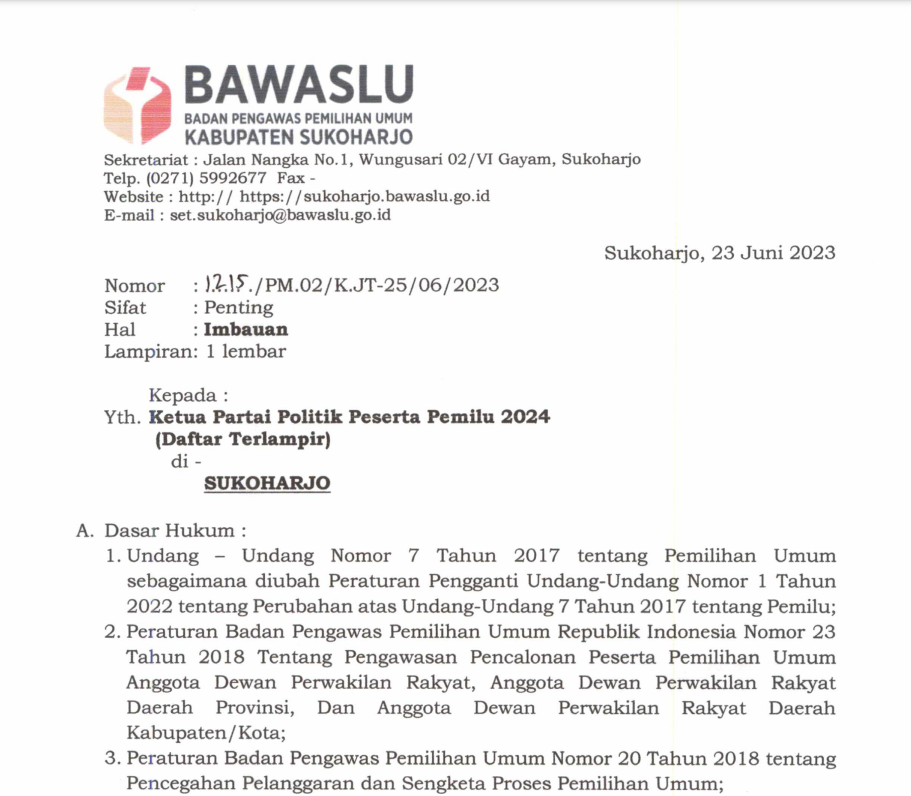 Bawaslu Sukoharjo Imbau Parpol Perihal Pengajuan Perbaikan Dokumen Persyaratan Bacaleg