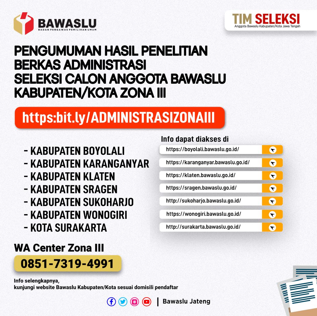 Pengumuman Hasil Penelitian Berkas Administrasi Calon Anggota  Bawaslu Kabupaten Sukoharjo