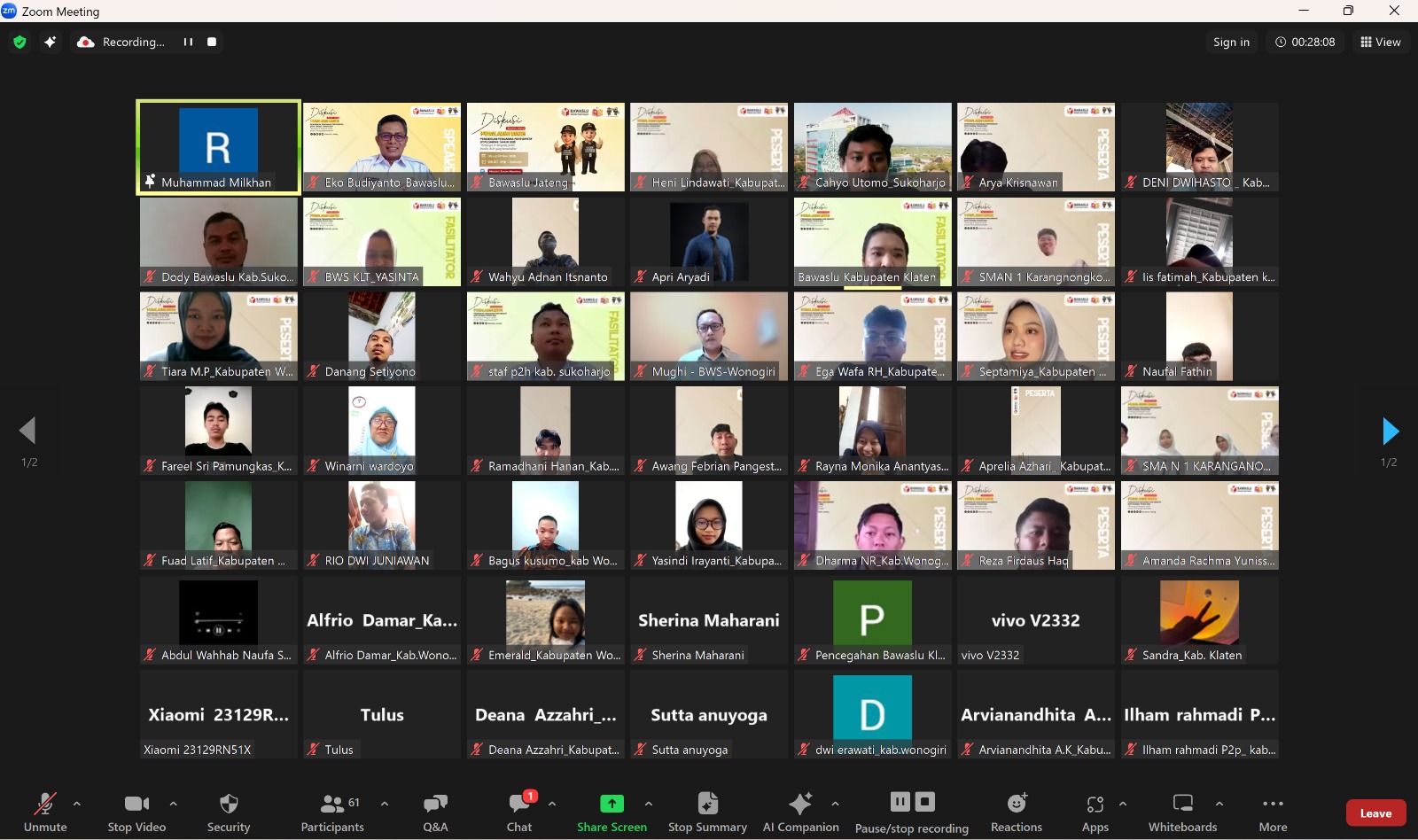 Menuju Pemilu Bermartabat, Bawaslu Sukoharjo Edukasi Generasi Muda Lewat P2P Daring